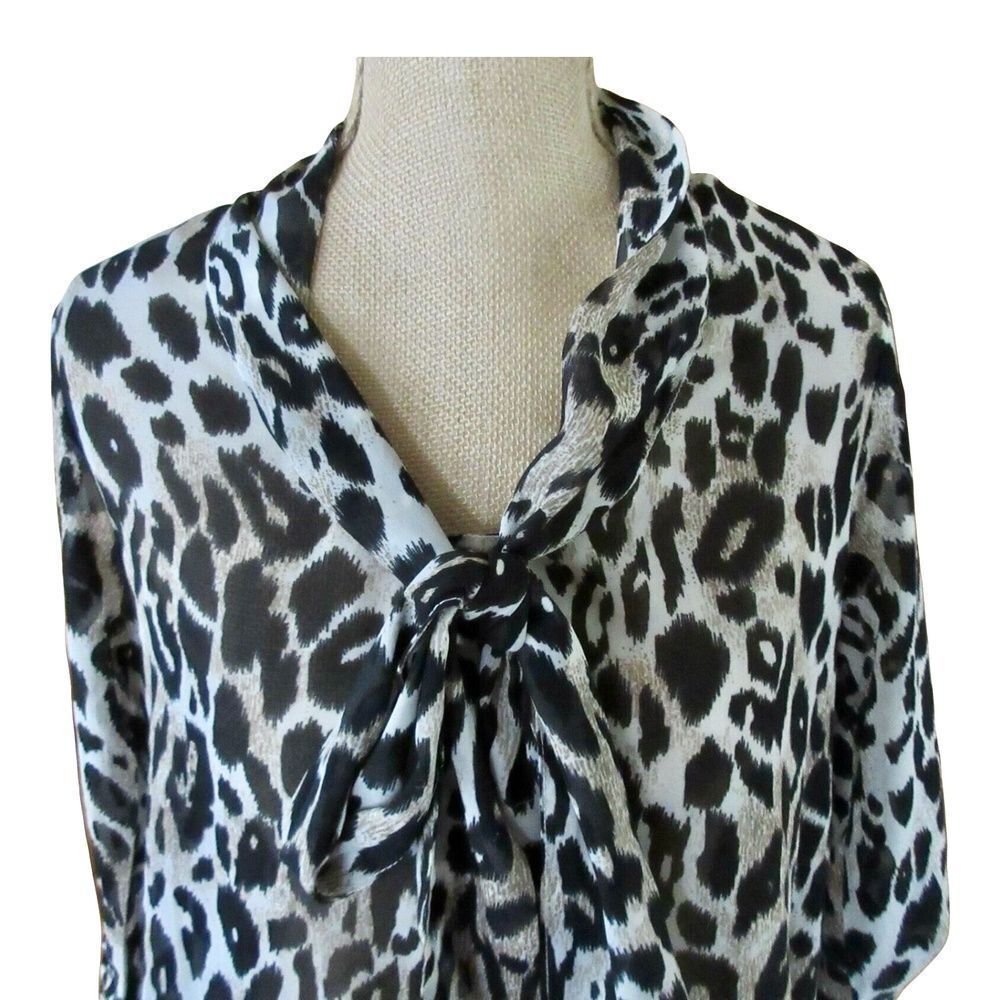 Mariol Womens Blouse Button Up Beige Black Leopard Print Tie Neck 3/4 Sleeve M - Picture 3 of 5